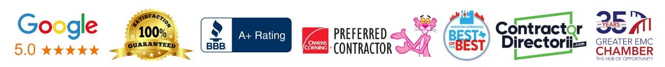 Rayburn's Roofing trust badges: Google 5.0 star rating, 100% Satisfaction Guaranteed, BBB A+ Rating, Owens Corning Preferred Contractor, Houston Chronicle Best of the Best, Contractor Directorii, and Greater EMC Chamber 35 years